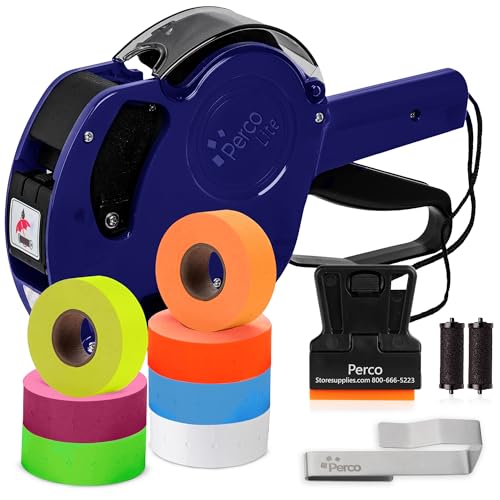 Perco Lite 1 Line Price Gun with Labels Kit - Includes 1 White Roll, 1 Gun Clip, 6 Multicolored Rolls, 2 Ink Rollers, 1 Ink roll and Labels Pre-Loaded