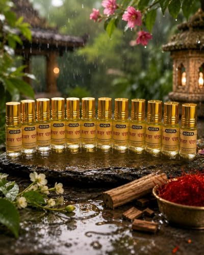 Image of KOSTA Kesar Chandan (Saffron Sandalwood) Attar 2ml Each| Alcohol-Free Long Lasting Roll-On Perfume Oil | Unisex Sandalwood & Kesar Fragrance Attar for men and Women (Pack of 12)