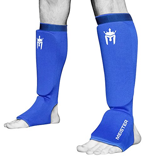 Meister MMA Elastic Cloth Shin & Instep Padded Guards (Pair) - Blue - Youth/X-Small
