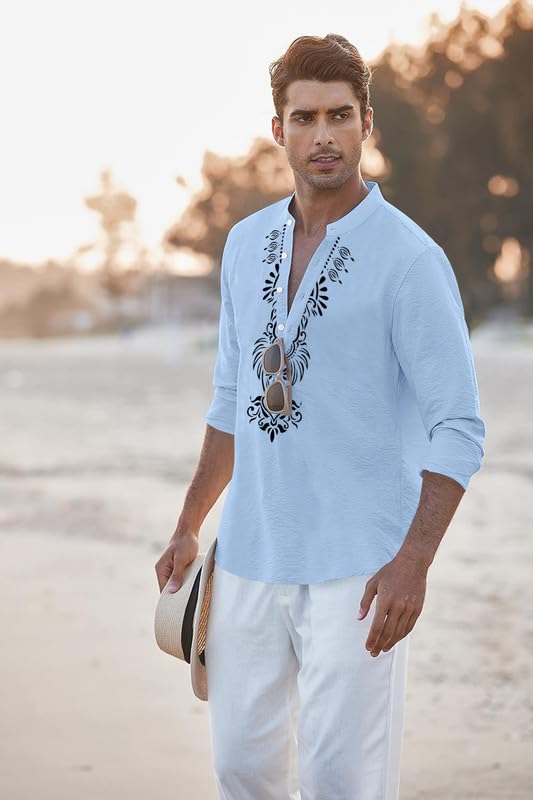Image of FINIVO FASHION Men's Cotton Blend Short Kurta with Bold Printed Front Design | Full Sleeve Ethnic Casual Kurta with Mandarin Collar | Artistic Festival & Travel Wear for Modern Ethnic Style