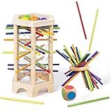 Julanpo モンテッソーリ知育玩具 3in1木製バランスゲーム | 42本スティック 6色 脳トレ 家族対戦ゲーム 子供も大人も楽しめる | スティック引き抜き & 玉落としで集中力・判断力アップ | 3歳4歳5歳6歳7歳 安全設計 誕生日プレゼント