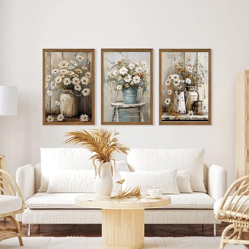Image of DUWQU Triptych Rustic Farmhouse Daisy Framed Canvas Wall Art 20x30 inch x3