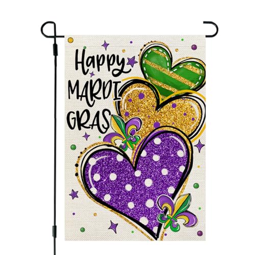 CROWNED BEAUTY Mardi Gras Garden Flag Hearts Fleur de Lis 12x18 Inch Double Sided Welcome Decoration for Outside Yard CF1925-12