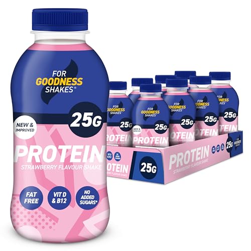 For Goodness Shakes Strawberry Protein Shakes, High Protein Fat-Free Ready-To-Drink, 25g Protein, Vitamin D & B12, No Added Sugar, Low Calorie, Breakfast or Pre & Post Workout, 8 x 435ml