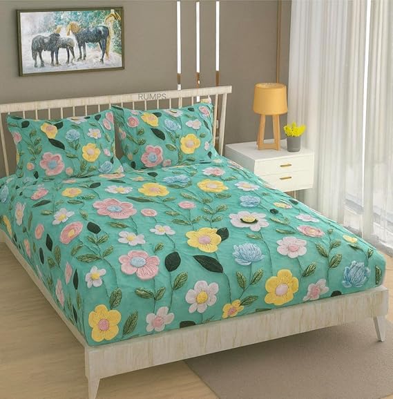 Image of RUMPS 380 TC Premium Heavy Cotton 7D Print Fast Colour Feel Elastic Fitted Floral Bedsheet King Size with 2 Pillow Covers || (Light Green, Fitted Queen-60x78)