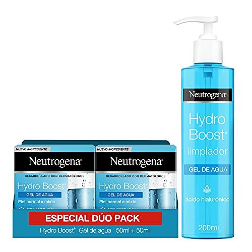 Neutrogena Hydro Boost Gel de Agua, Crema Hidratante Facial para Pieles Normales y Mixtas con Ácido Hialurónico, 2x50 ml + Hydo Boost Gel de Agua Limpiador Facial con Ácido Hialurónico, 200 ml