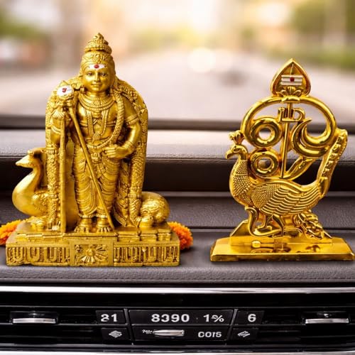 Image of Murugan Idol with Om Muruga Mayil Vel Combo for Car Dashboard | Premium Gold Murugan Statue for Home Temple, Office Desk & Pooja Decor | 10 cm & 7 cm