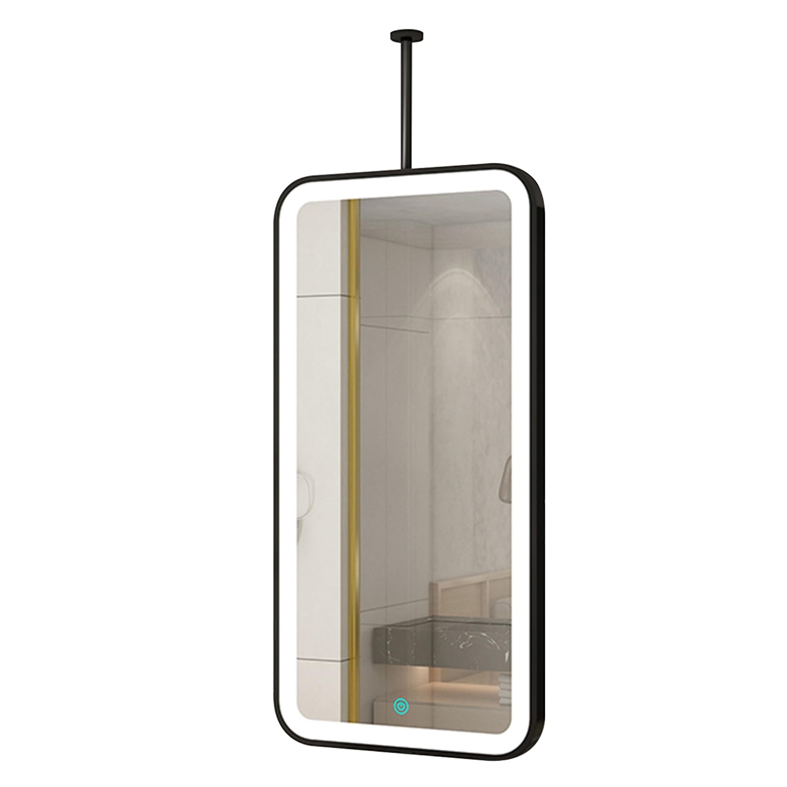 ITOSUI Large Rectangular Mirror with LED, 3 Colours Adjustable Light, Black Metal Frame Mirror with Ceiling Boom, Modern Hanging Rod Mirrors for Bathroom Washroom(50cmx60cm)