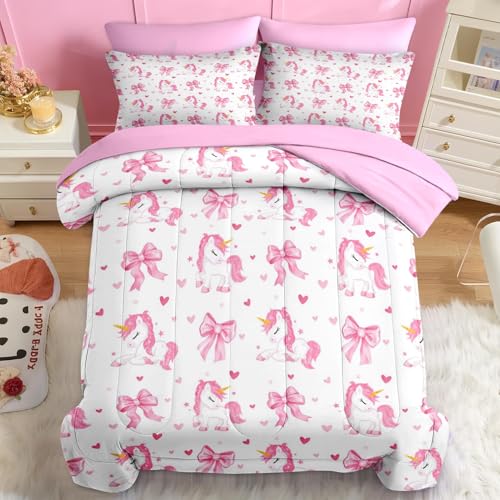 Image of Nesker Bow Comforter Set Twin Size, 5 Pieces Bed in a Bag, Pink Bow Bedding Set for Girls, Cartoon Unicorn Comforter Set with 1 Pillowcase & 1 Sham