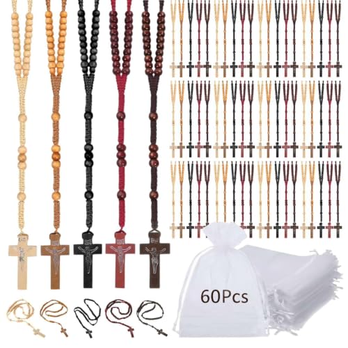 MAIKEELENG 60 Pcs Olive Wooden Rosary Beads Bulk, 5 Colors