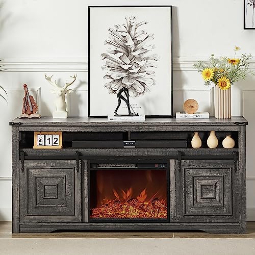 Image of Okvnbjk TV Stand with Fireplace, TV Stands for Living Room with Fireplace for 75 inch TV, TV Console with Fireplace and Storage, Fireplace Entertainment Centre has Sliding Barn Doors, Dark Oak