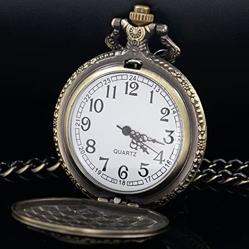 Image of Tiong Vintage Pocket Watch Engraved Cowboy Skull Wolf 3D Pattern Arabic Numerals Quartz Pocket Watch with Chain Best Gifts