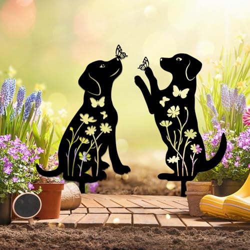 YiYa 2 Stück Metall-Gartendekoration Metall Hund Garten Dekoration Hund Animal Garden Stakes Gartendeko für Outdoor Rasen Tier Rasen Dekoration Schwarz Dekor