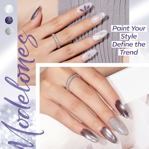 Image of modelones Gel Nail Polish Set with French Tip and heart cat eye magnet, 6 Colors Jelly Sheer Black White Cat Eye Silver Blue Purple Glitter Gel Polish Kit Soak Off UV Salon DIY at Home Gift for Women