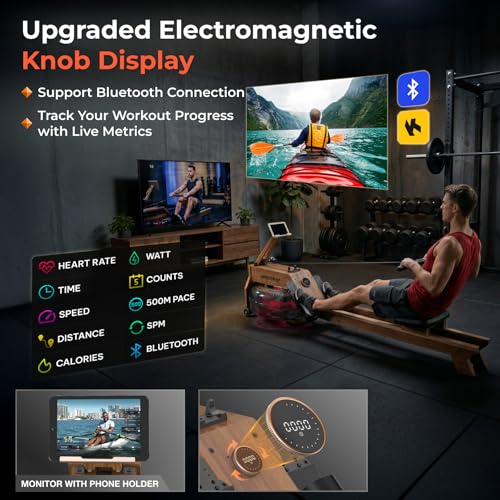 Image of Water Rowing Machine for Home Use, WENOKER Wooden Foldable Rower Machine with Dedicated Monitor & Bluetooth APP, Large Water Tank & Comfortable Seat for Immersive Water Rower, 350LBS Weight Capacity
