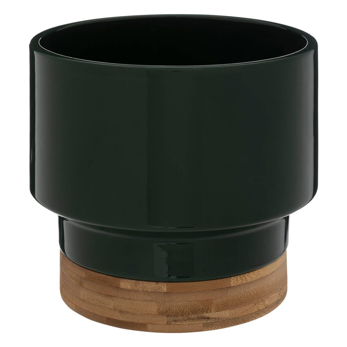 Atmosphera - Cache-pot en pot en céramique et bambou H16cm vert foncé