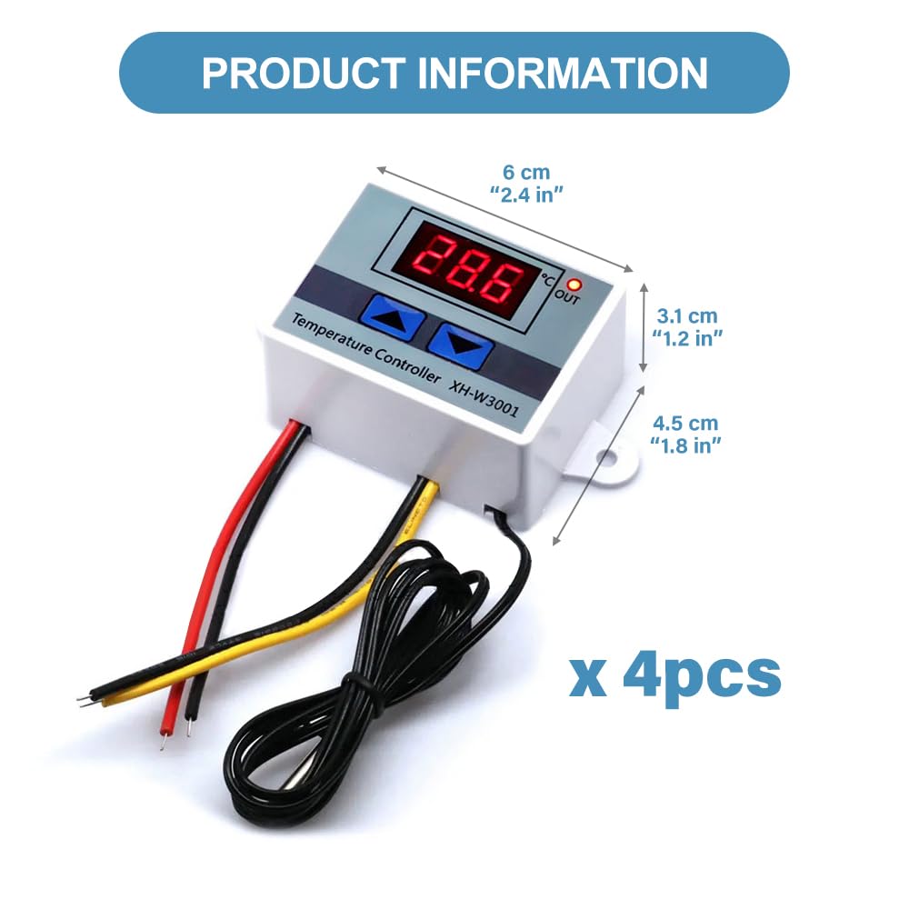 XH-W3001 Digitaler Temperaturregler, 4 Stück Temperaturschalter, DC 12V Digital Thermostat mit Wasserdichter Sonde, Thermostat Schalter für Gewächshaus, Aquarium, Inkubator, Heizung Kühlung