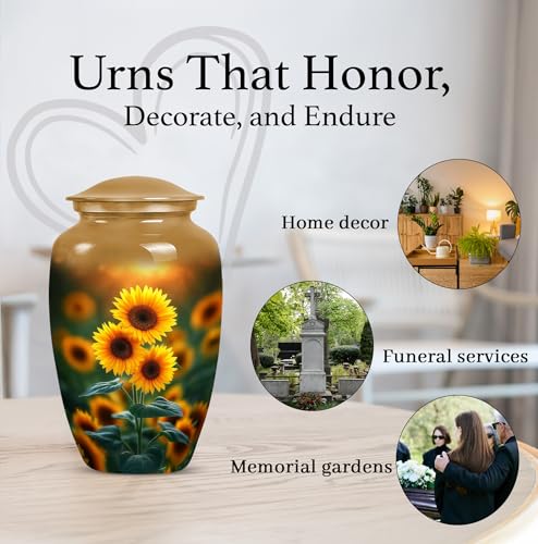 Image of Yellow Sunflower Urns for Human Ashes Male - Burial Urns for Ashes for Women - Large Urn Sunflower for Human Adult Mom and Dad - Large Cremation Urn for Mother and Father 10inch