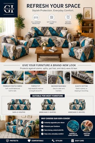 Image of Gifts Island Sofa Cover 3 Seater and 2 Seater Fully Covered Universal 5 Seater Sofa Cover Non-Slip Sticky Elastic Stretchable Sofa Set Slipcover Protector for (3+1+1 Seater), Colorful Marble