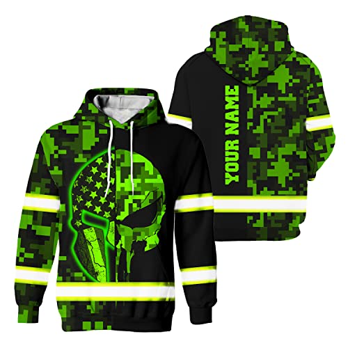 HiVis Custom Safety Hoodie Skull US Flag Camo Customize Name High Visibility Hoodie for Men Reflective Workwear for Runners, Walkers, Truckers, Operators, Patriotic-4XL