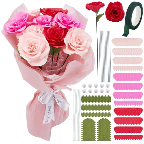 PLIGREAT 10 Set DIY Crepe Paper Flowers Making Precut Flower Crepe Kit with Instruction Colorful Tissue Paper Floral Stem Wire Green Floral Tapes for Beginners Birthday Party Decoration, Rose
