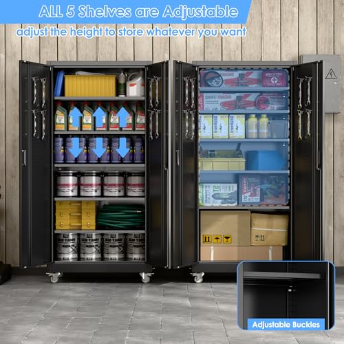 Image of Aobabo Metal Garage Storage Cabinet with Wheels and Pegboard, Black