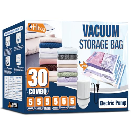 Image of HIBAG Vacuum Storage Bags with Electric Pump, Vacuum Seal Bags for Clothing, Pillows, Blanket Bedding Comforters, 30 pack