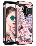 Galaxy S9 Plus Case,Galaxy S9 Plus Case for Women,BENTOBEN Shockproof Rose Pattern 2 in 1 Dual Layer with Faux Leather Hard Case Soft Rubber Protective Cell Phone Case for Samsung S9 Plus,Rose Gold