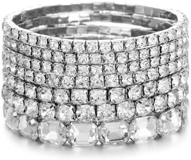 7 PCS Crystal Stretch Bracelets for Women, Bridal Wedding Stackable Layered Rhinestone Bracelets Set Evening Party Jewelry