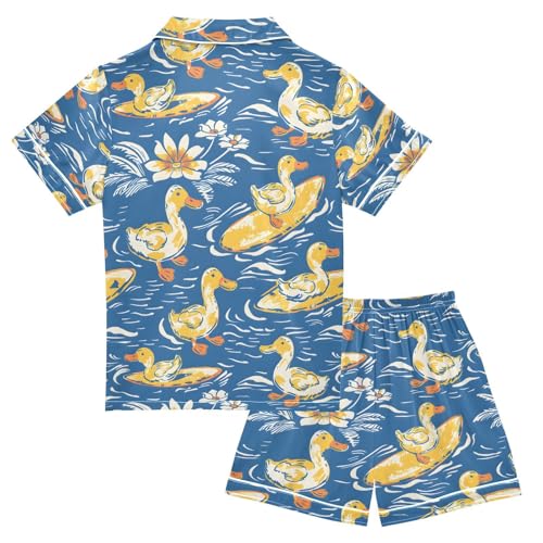 ALAZA Duck Surfboard Blossom Pajamas Satin Pajama Set Short Sleeve Button Down Sleepwear2
