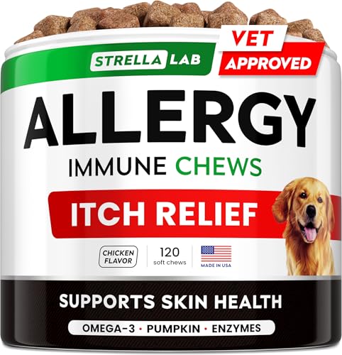 StrellaLab Dog Allergy Relief & Anti Itch Support Chews w/Omega 3: Real Ingredients, Real Taste! Skin & Coat Immune Supplement w/Fish Oil, Pumpkin & Enzymes — Developed by Experts - Made in USA -120Ct