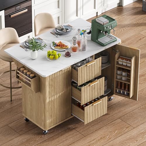 Large Fluted Kitchen Island with Faux Marble Top Drop Leaf,