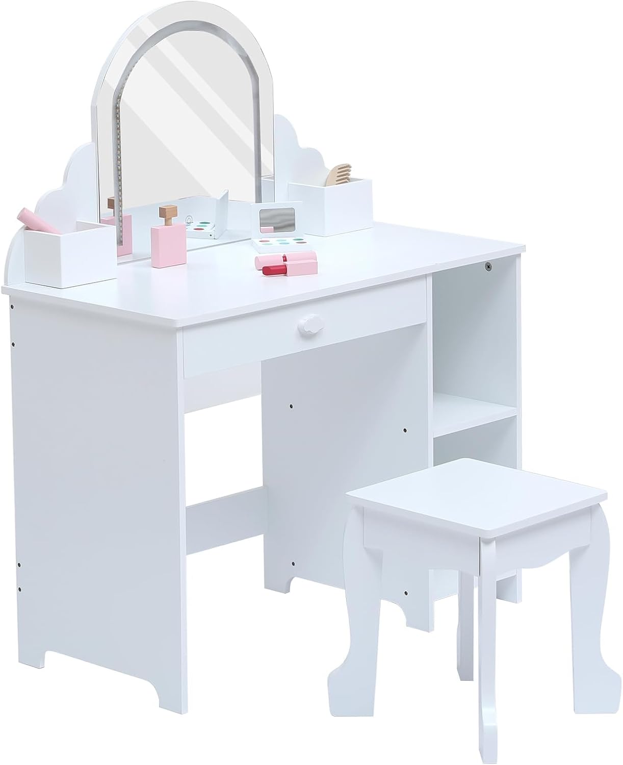 GarveeLife Dressing Table for Children, Girls, with Stool & LED Lights, Desk for Children from 3 Years with Mirror, Dressing Table Princess with 1 Drawer, White with Accessories