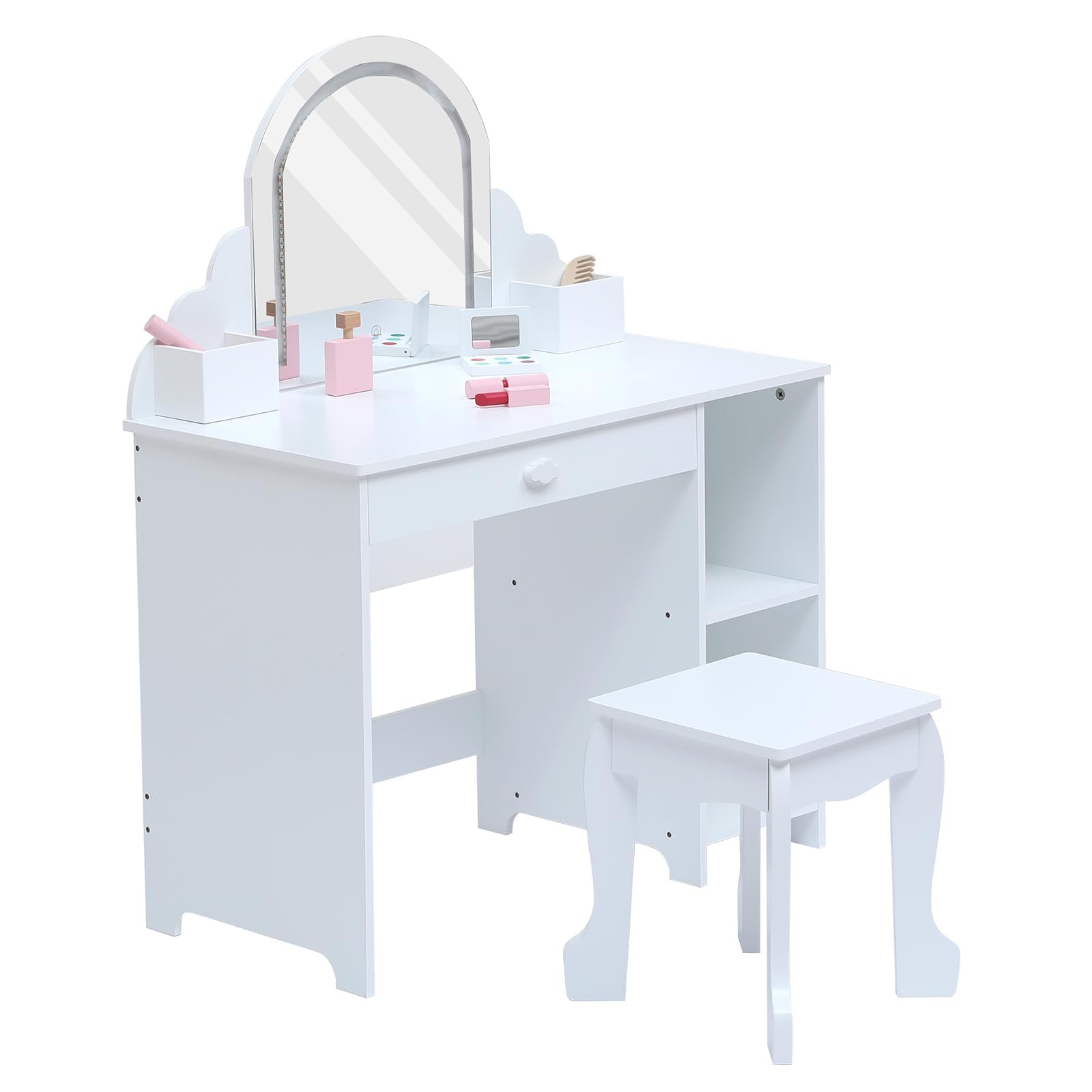 Tocador de Maquillaje Niña 2 en 1 con Luz y Espejo, Tocador Infantil con Luces LED Ajustables, Tocador Niña Madera con Taburete, Cajones y Estantes
