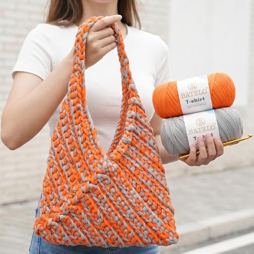 Image of 2 Pack T-Shirt Yarn for Beginner Crochet Bags /Basket /Coaster, 400g /144yds High Elastic Thick Polyester Fabric (Light Gray+Orange)