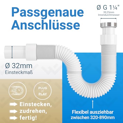 LOBENSWERK Siphon Waschbecken mit hochwertiger Aluminium Mutter - G 1 1/4” x 32mm ausziehbar 320-890mm - Flexibler Ablaufschlauch für das Badezimmer - 100% Wasserdicht