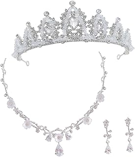 فوميز. مجموعة واحدة من عقد على شكل تاج واقراط بمشبك اذن للبنات لعيد ميلاد الفتيات، تاج وقلادة للفتيات الصغيرات، اقراط للفتيات الصغيرات ومشط شعر الاميرة الصغيرة، خليط معدني من الزنك، فضي