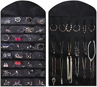 Ezigoo Hanging Jewellery Organiser Large Double Sided Black Jewelry Organiser- Jewellery Hanger Jewellery Holder, Earring Holder All In One, Wardrobe Storage Organiser