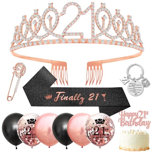 21 Geburtstag Frau 21 Geburtstag Deko, 21. Geburtstag Schärpe und Tiara Krone, Rose Gold Kristall Tiara Geburtstagkrone Birthday Schärpe,Luftballons,Kuchen Deko für 21 Geburtstag Geschenk