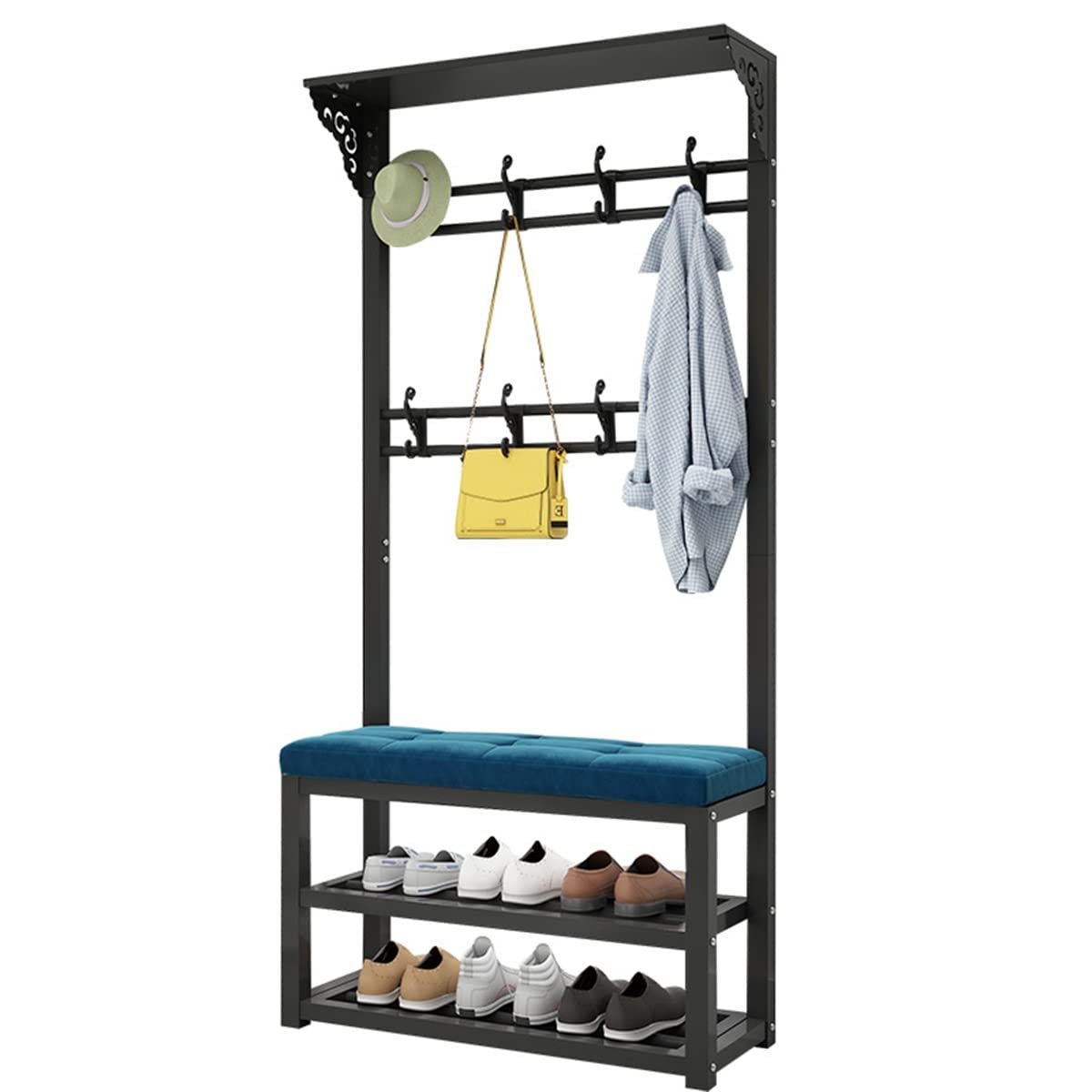 Garment Rail Clothes Rail Rack Metal Coat Rack Shoe Bench 3 In 1 Design With Hooks Shelves Entryway