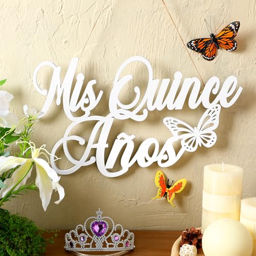 Image of Yuntau Mis Quince Anos Sign Quinceanera Decorations 15th Birthday Quinceanera Party Backdrop Wooden Banner Wall Decor Sign White Mis Quince Anos Birthday Gift for Wall Bedroom Photo Booth Decor Gift