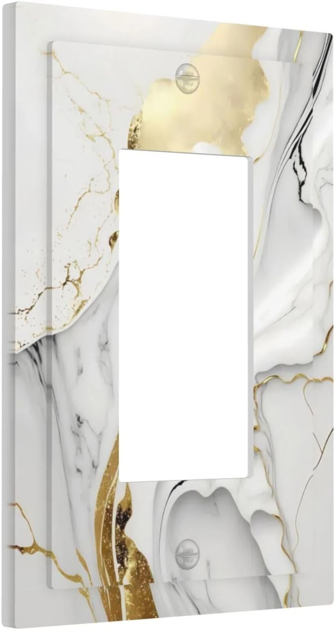 White Gold Marble Light Switch Cover Modern Abstract Marble Decorative 1 Gang Single Rocker Wall Plate Electrical Switch Plate Receptacle Faceplate for Kitchen Bathroom Bedroom 5" x 3"