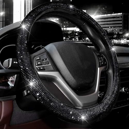 Valleycomfy Steering Wheel Cover for Women 15 1/2 inches-16 inches Bling Bling Crystal Diamond Sparkling for F150 F250 F350 Ram 4Runner Tacoma Tundra Range Rover (Black with Black Diamond)
