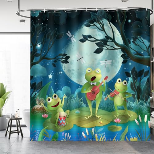 Image of Aimego Funny Frog Shower Curtain - Cute Cartoon Frogs Dragonfly Lotus Leaf Floral Pond Wildflower Moon Fun Bath Shower Curtain Set with 12 Hooks for Kids Adults Bathroom Decor Accessories,72 inchx72 inch