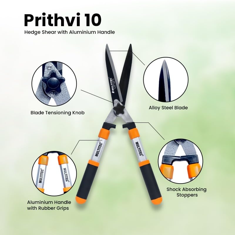 Image of MULTITEC 10-Inch Heavy Duty Garden Shears | Carbon Steel Hedge Shears for Bush, Shrub & Hedge Trimming | Garden Bush Cutter with Aluminium Handles | Manual Pruning Tool for Gardening