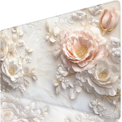 Tapis de souris XXL rose et blanc 80x30 cm pour bureau gaming et ordinateur PC