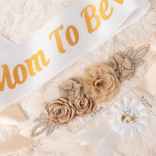 Image of Baby Shower Maternity Sash Belly Belt-Pink Flower Sash Set Mom to Be & Dad to Be Corsage Pins for Gender Reveal