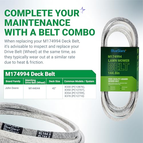 Image of BlueStars M174994 Mower Deck Belt | Heavy-Duty Aramid Cord | 1 /2 inch x 144.8 inch | Deck Belt for 42-inch Deck John Deere X330 X350 X354 X370 Lawn Mower