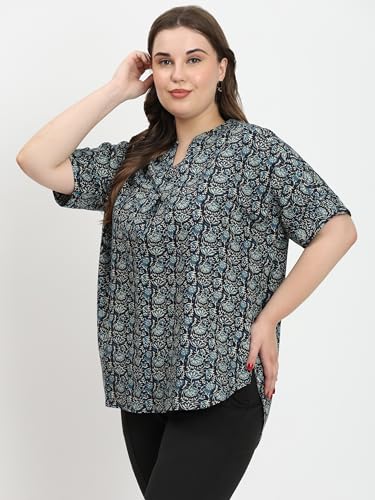Image of SINDOORI Relaxed Fit Tops for Women Plus Size Solid Printed Mandarin Collar, Band Collar, V-Neck Top, Half Sleeve Loose Fit