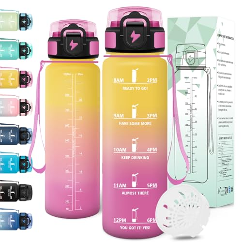 Motswedi Botella agua 1 litro, Reutilizable, Cantimplora, a Prueba de Fugas, Botella agua Gimnasio, con Marcador de Tiempo, botellas Gympara Escuela, Gym, Yoga, Oficina, Amarillo Rosa